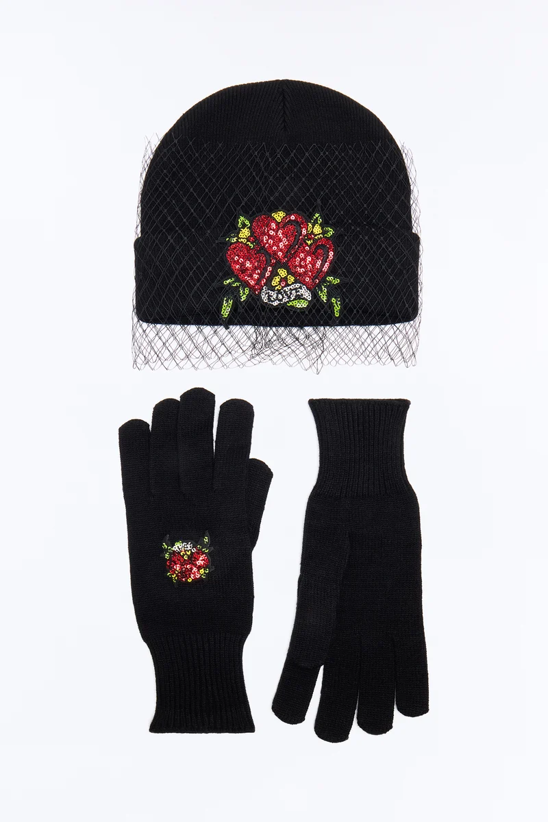 Ed Hardy Love Wins Beanie And Gloves Set - Black
