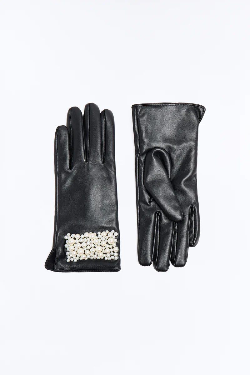 Pearl Radiance Faux Leather Gloves - Black