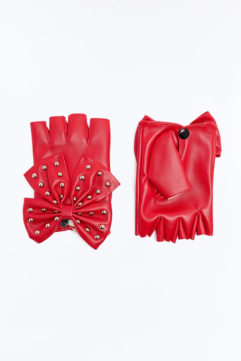 Road Queen Faux Leather Fingerless Gloves - Red
