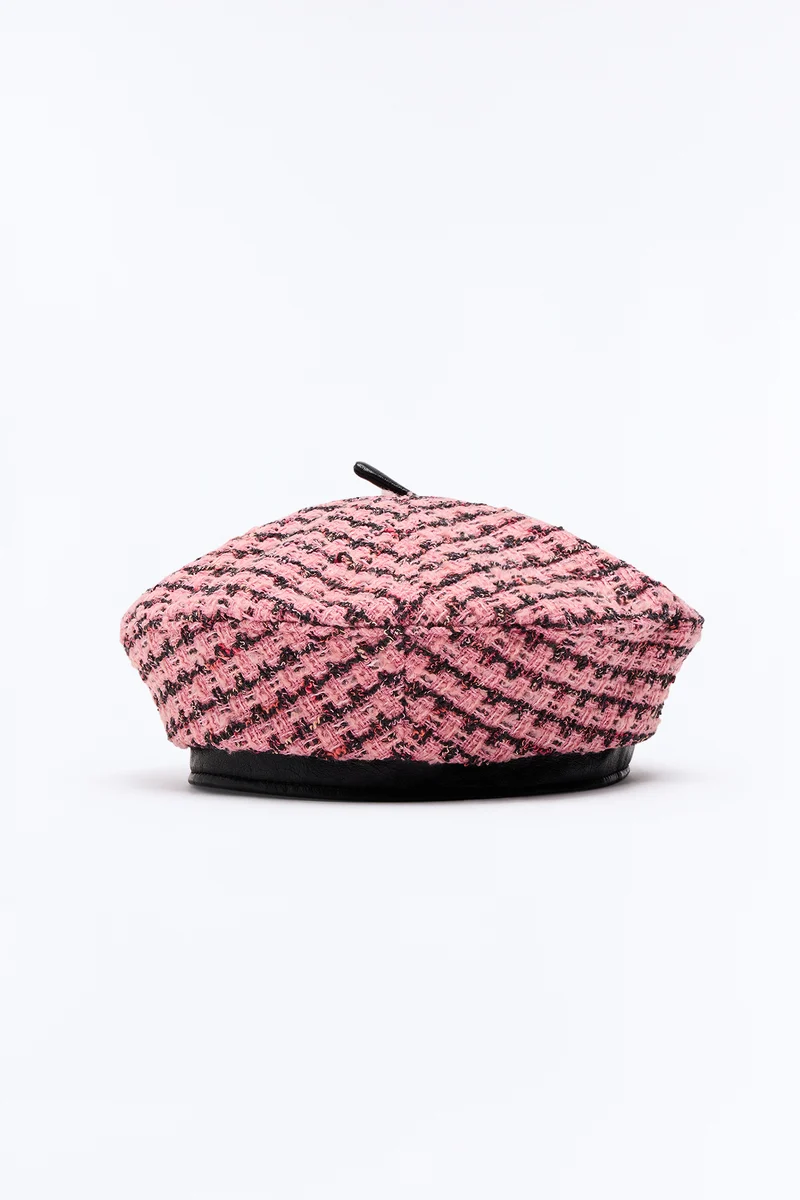 Cafe Chic Tweed Beret Hat - Pink/combo
