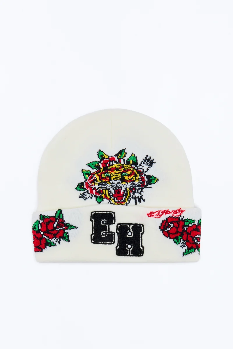 Tiger And Roses Ed Hardy Beanie - White/combo