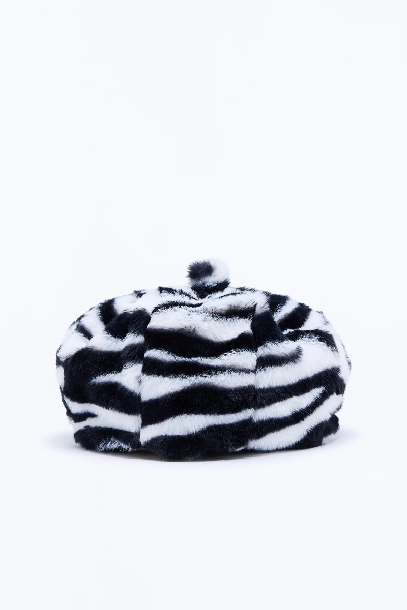 Stripe Society Faux Fur Beret - Black/White