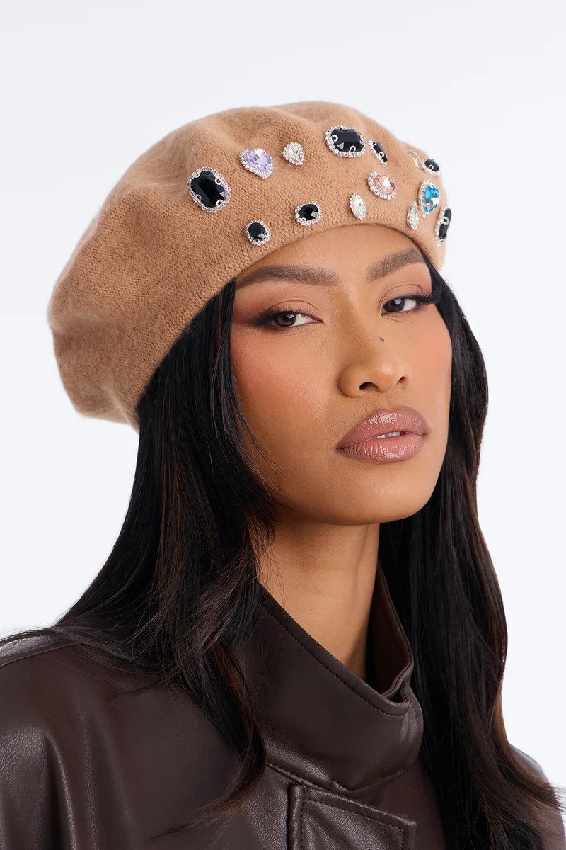 Winter Elegance Jeweled Beret - Cognac