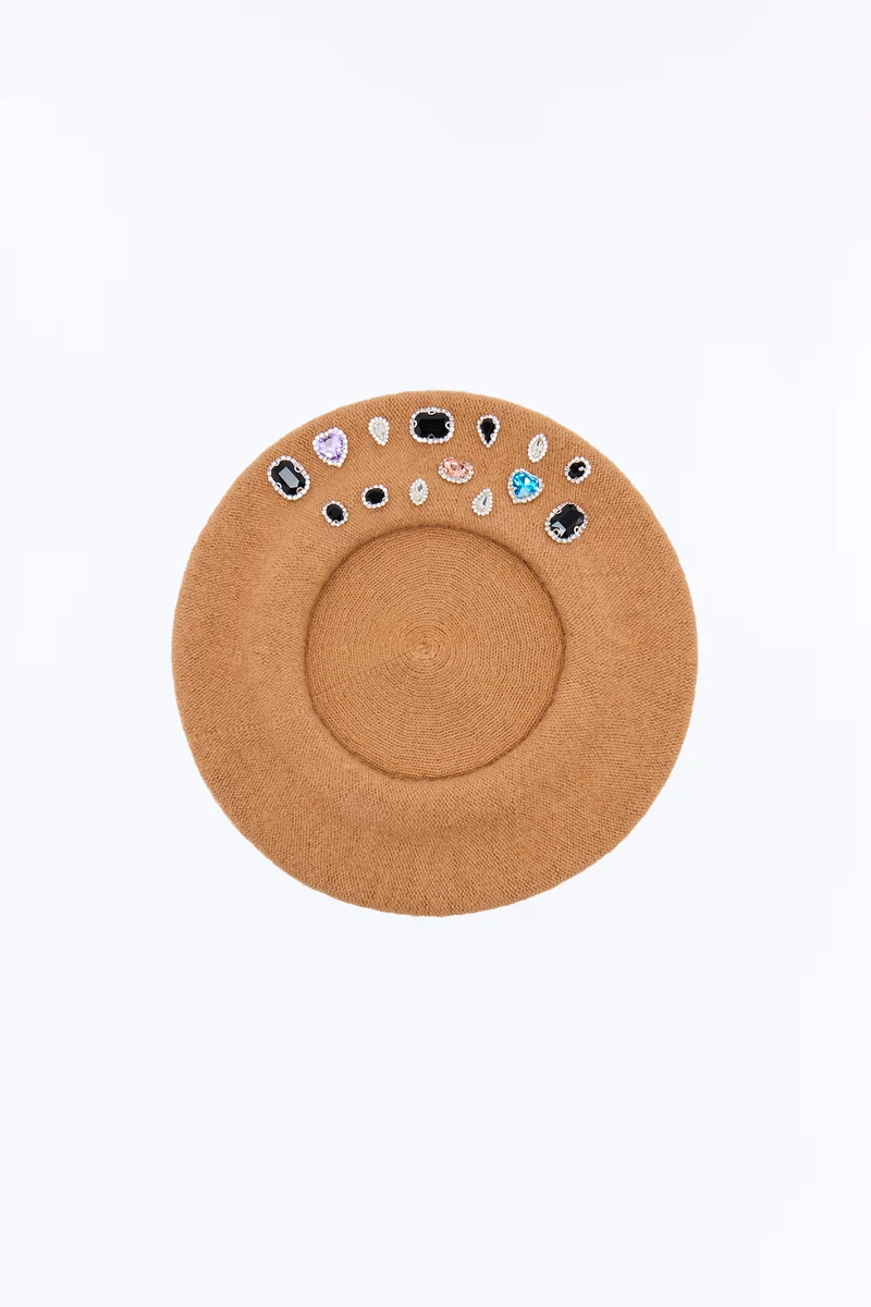 Winter Elegance Jeweled Beret - Cognac