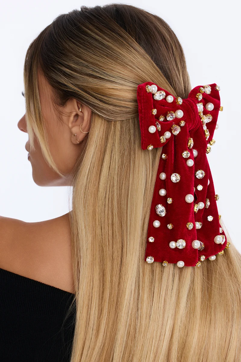 Peppermint Party Bow Hair Clip - Burgundy