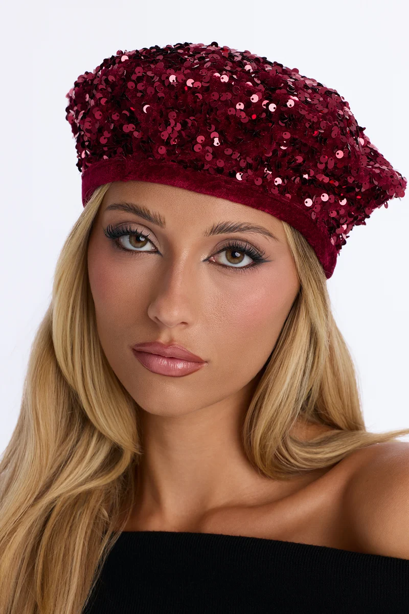 Tis The Season To Sparkle Beret - Burgundy