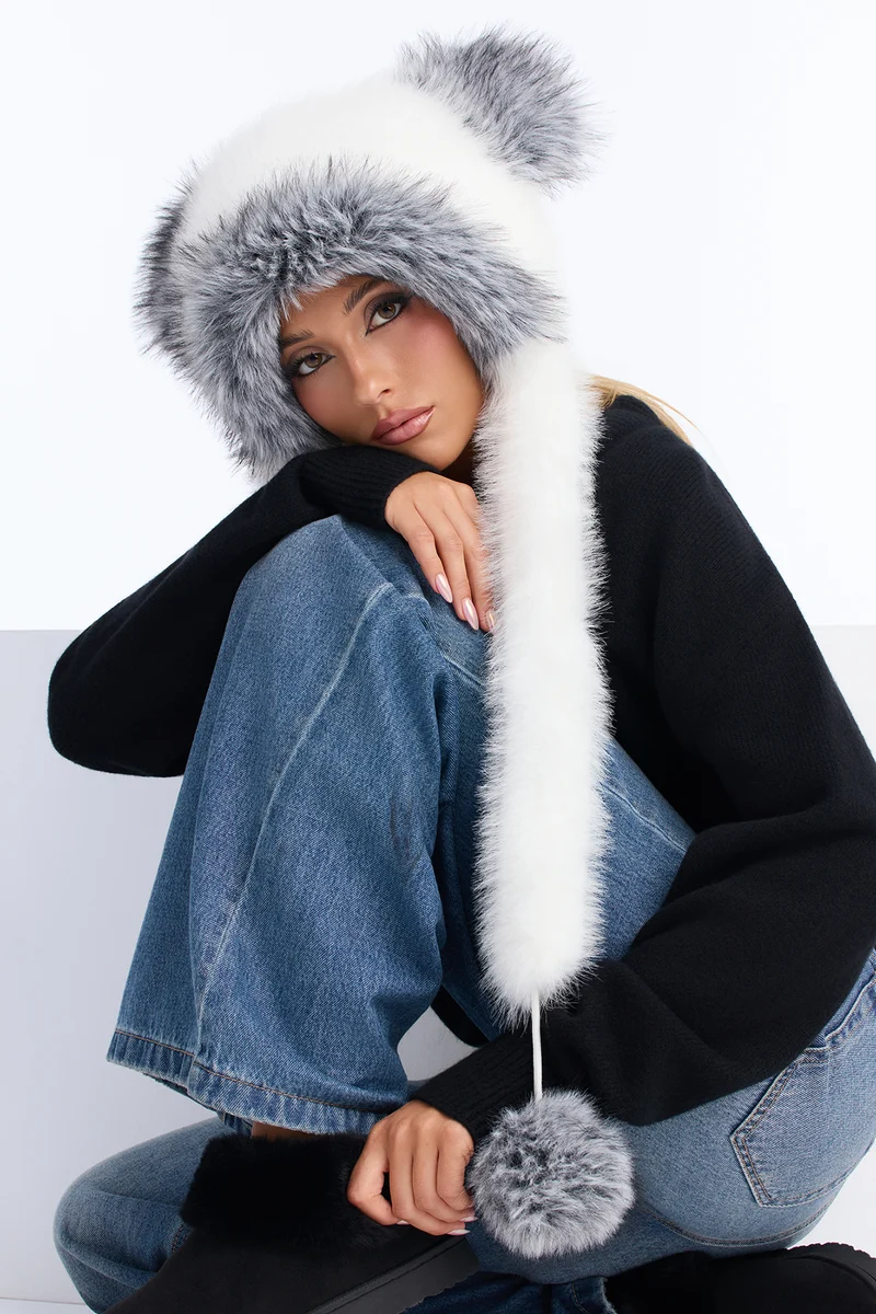 Feeling Cute Faux Fur Hooded Scarf - Ivory/combo
