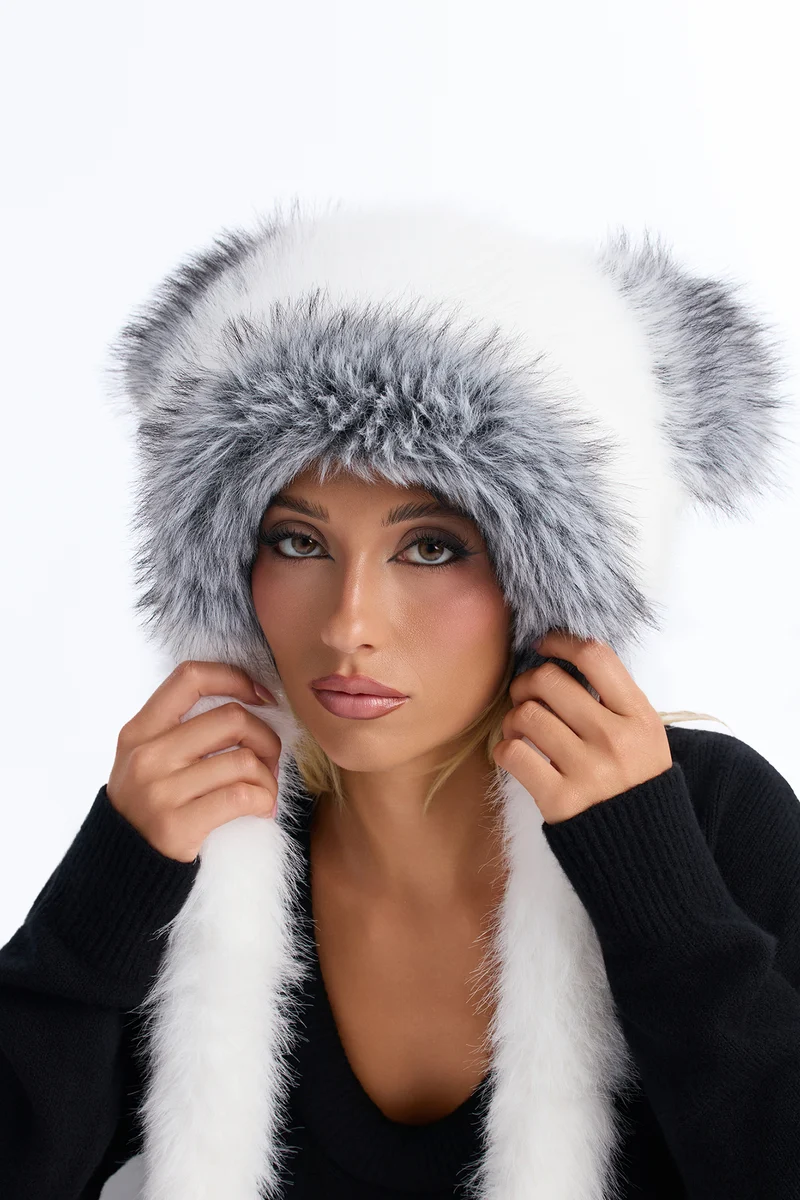 Feeling Cute Faux Fur Hooded Scarf - Ivory/combo