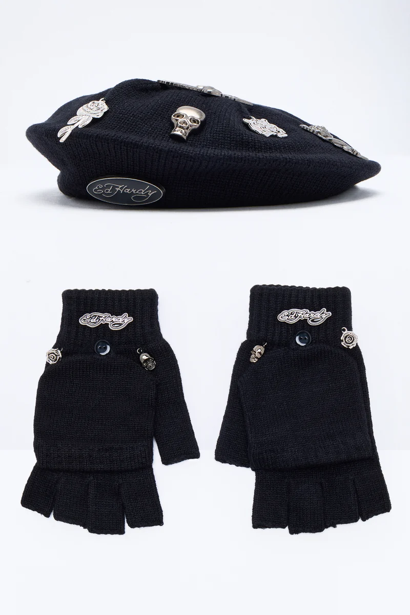Ed Hardy Skull Beret And Gloves Set - Black
