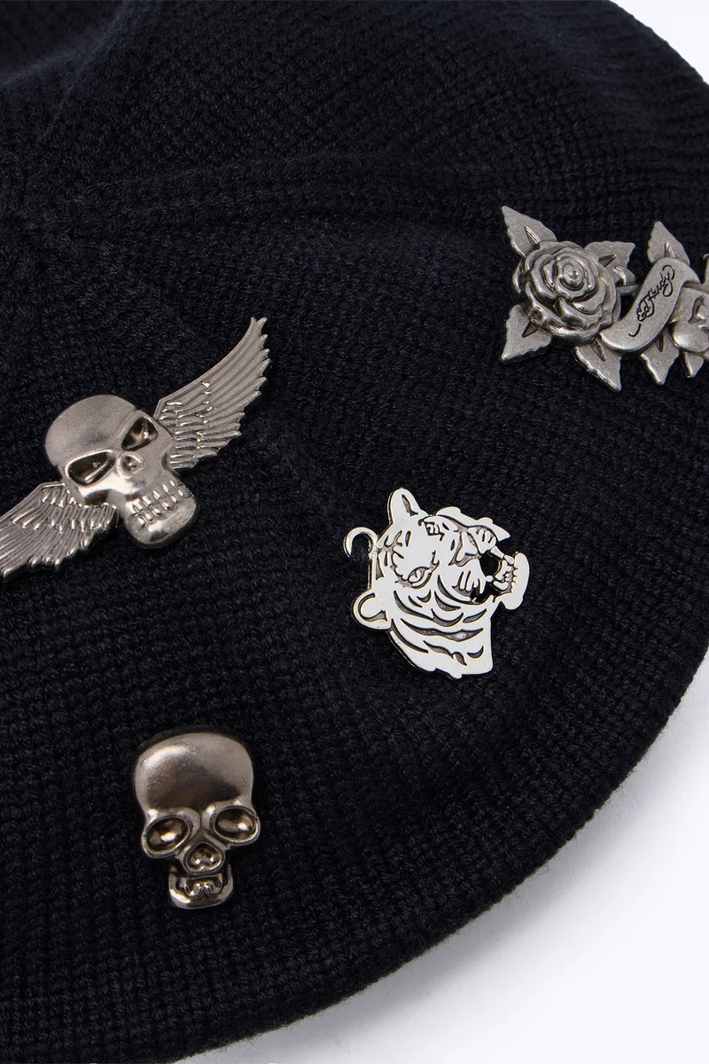 Ed Hardy Skull Beret And Gloves Set - Black