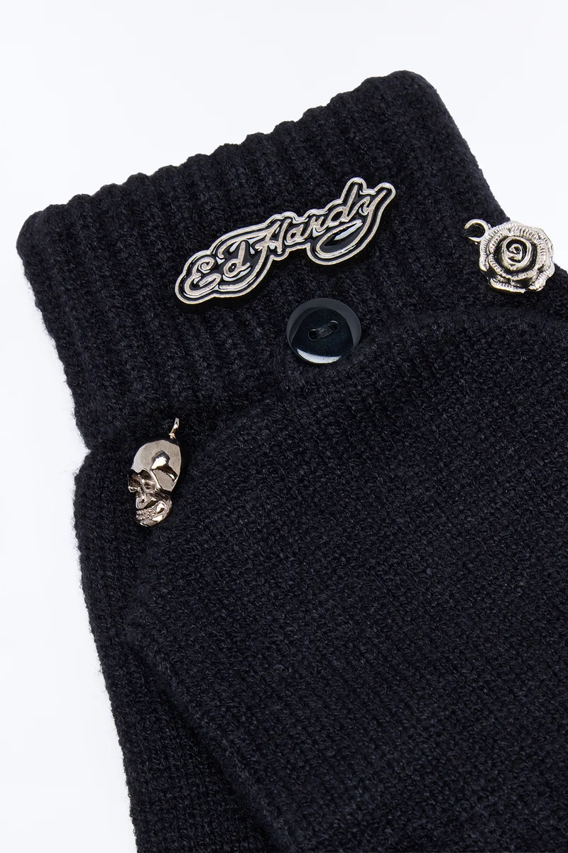 Ed Hardy Skull Beret And Gloves Set - Black