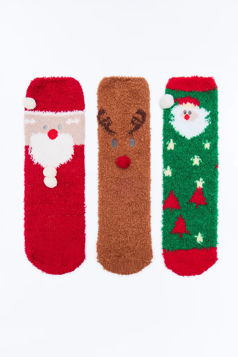 Santa's Team 3 Pack Cozy Socks - Multi Color