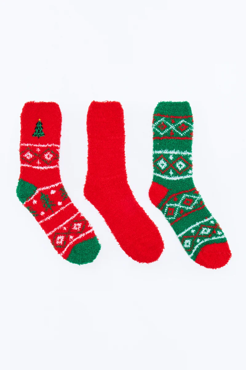 Christmas Morning 3 Pair Cozy Sock Set - Red/combo