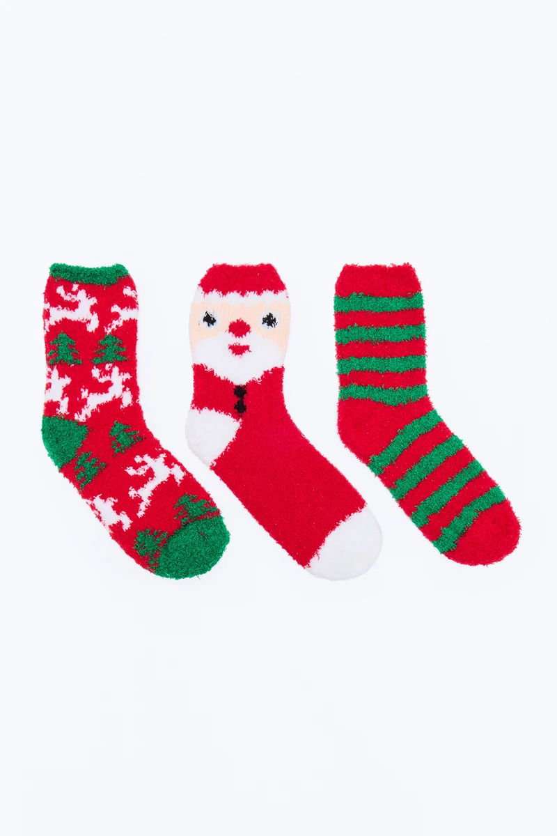 Santa's Sleigh 3 Pair Cozy Sock Set - Red/combo
