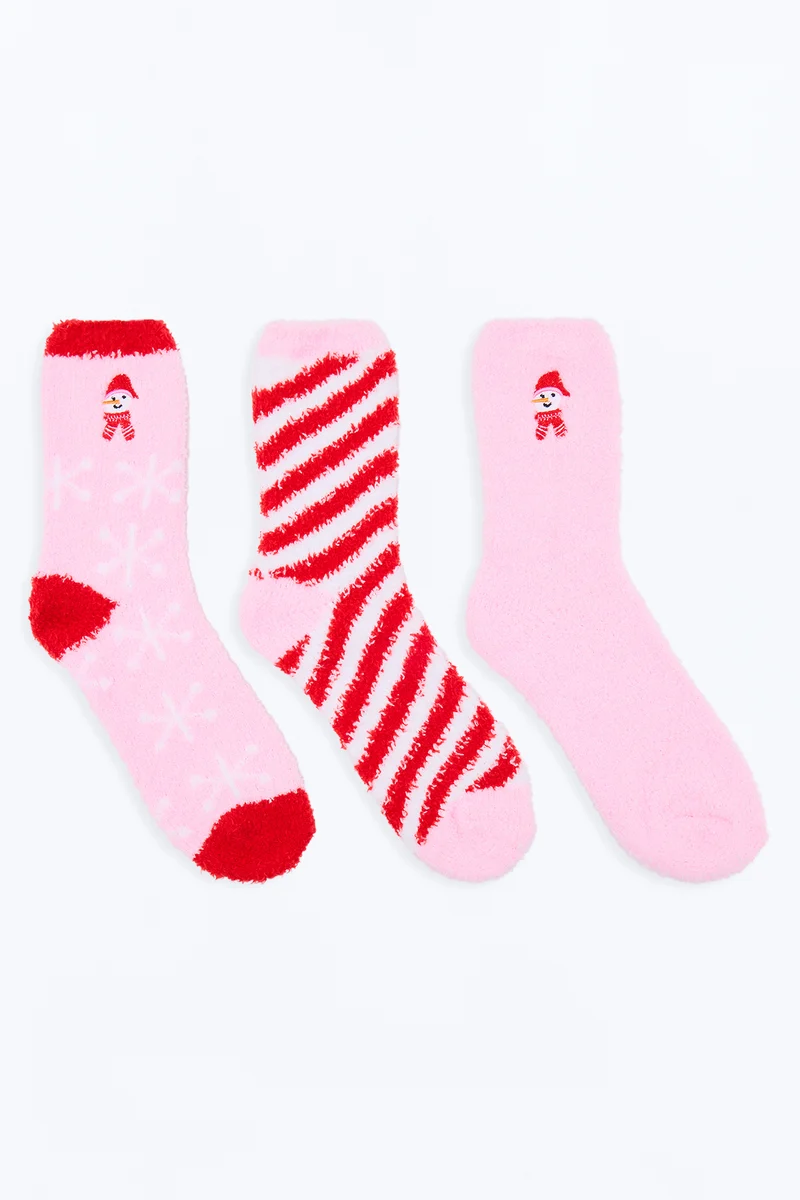 Snowy Morning 3 Pair Cozy Sock Set - Pink/combo