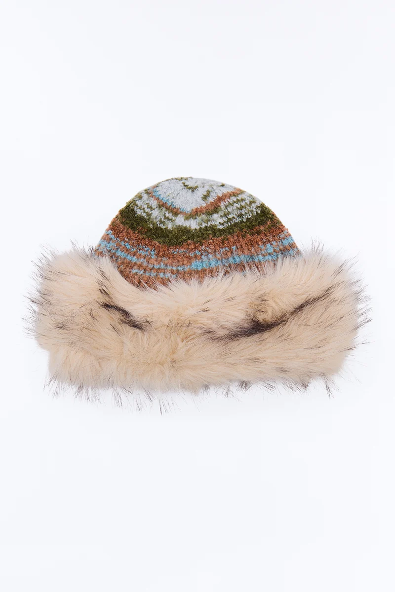 Cozy Stripes Faux Fur Trim Hat - Multi Color