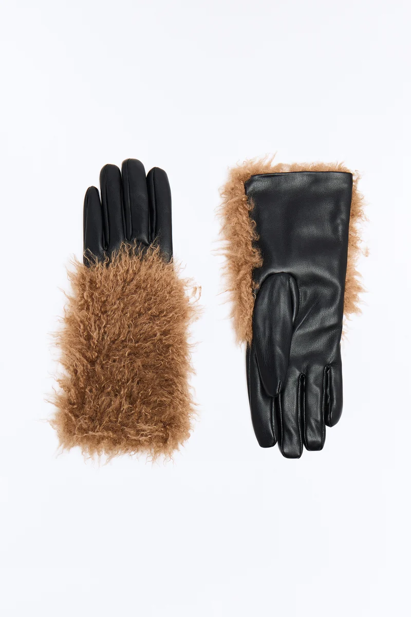 Fur Frost Faux Leather Gloves - Black/combo