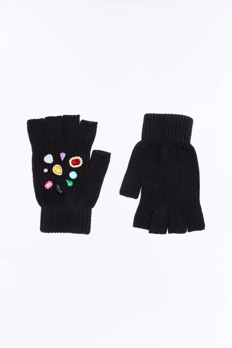 Crown Jewel Fingerless Gloves - Black