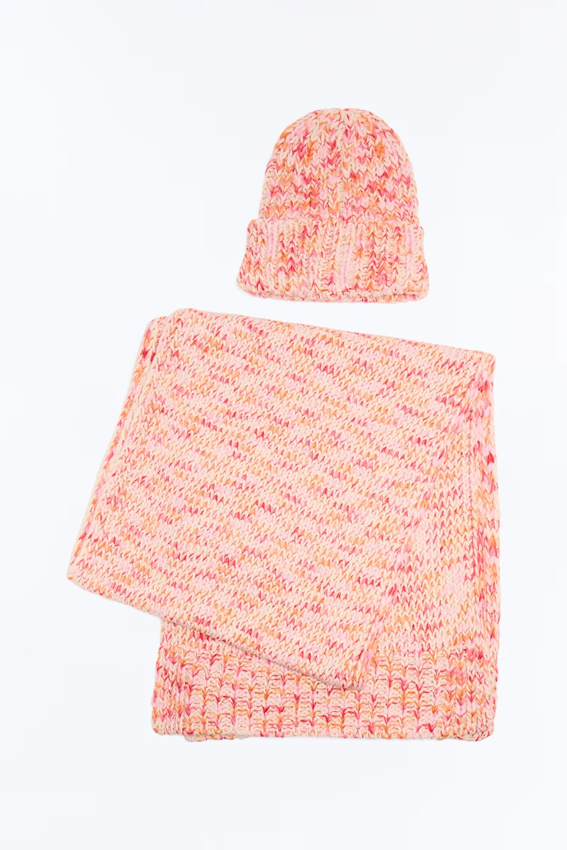Winter Ready Beanie And Scarf Set - Pink/combo