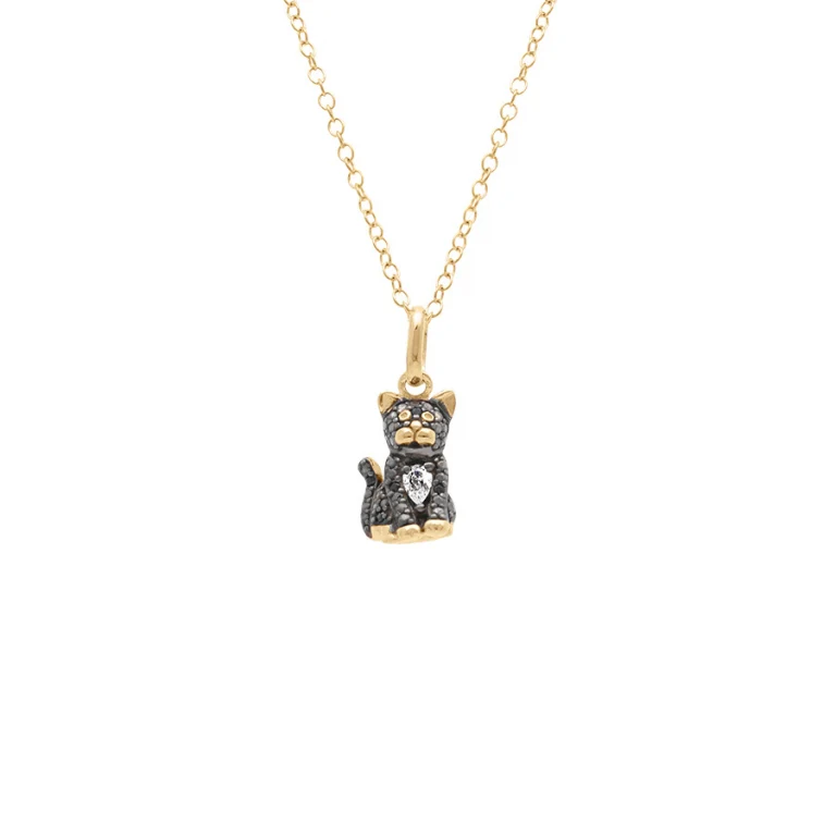Collier motif chat oxydes noirs et blancs – Argent 925 doré | Azuline
