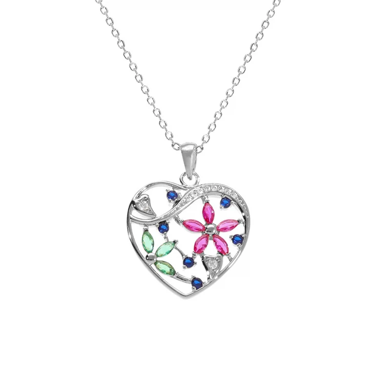 Collier cœur fleurs oxydes multicolores – Argent 925 rhodié | Azuline