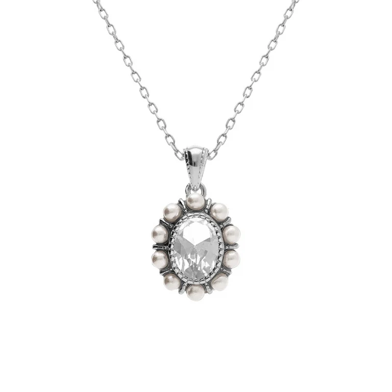 Collier pendentif oxydes blancs contour perlé – Argent 925 rhodié | Azuline