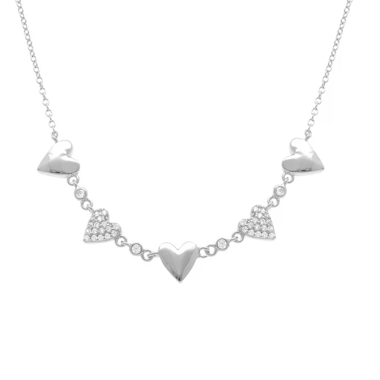 Collier cœurs lisses et oxydes blancs – Argent 925 rhodié | Azuline