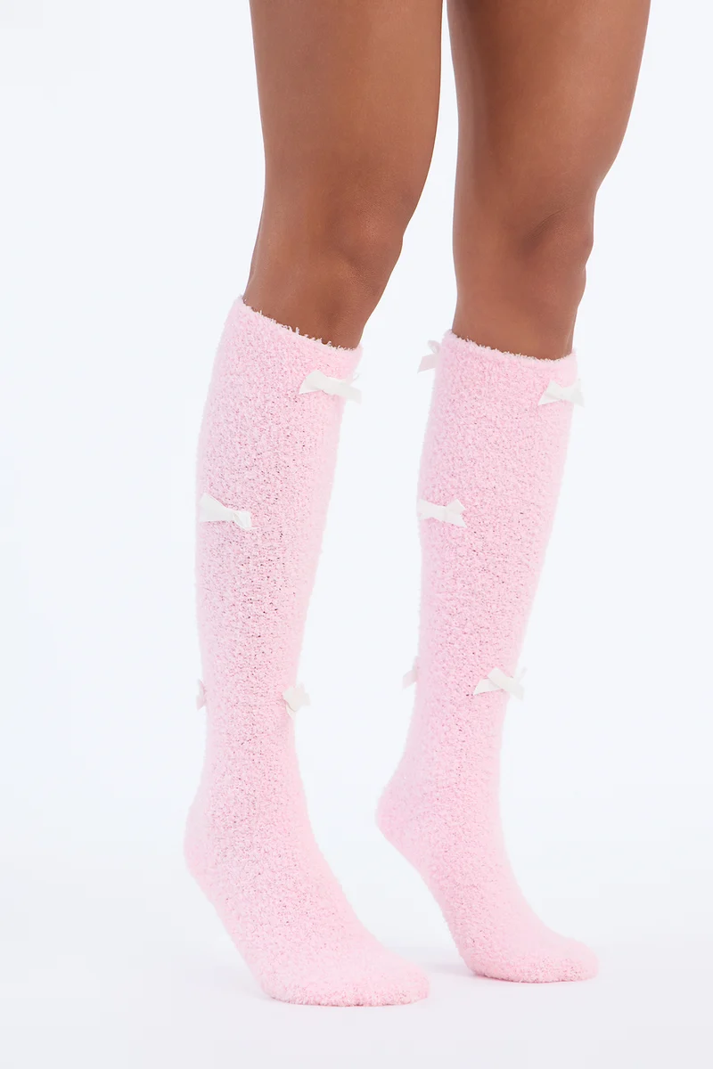 Fuzzy Bow Socks - Light Pink