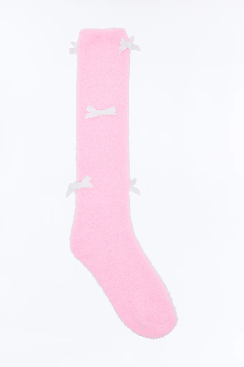 Fuzzy Bow Socks - Light Pink
