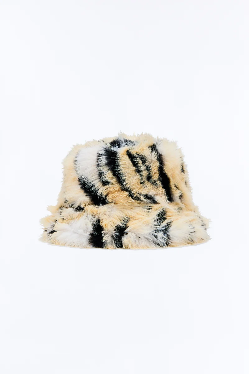 Winter Safari Faux Fur Bucket Hat - Ivory/combo