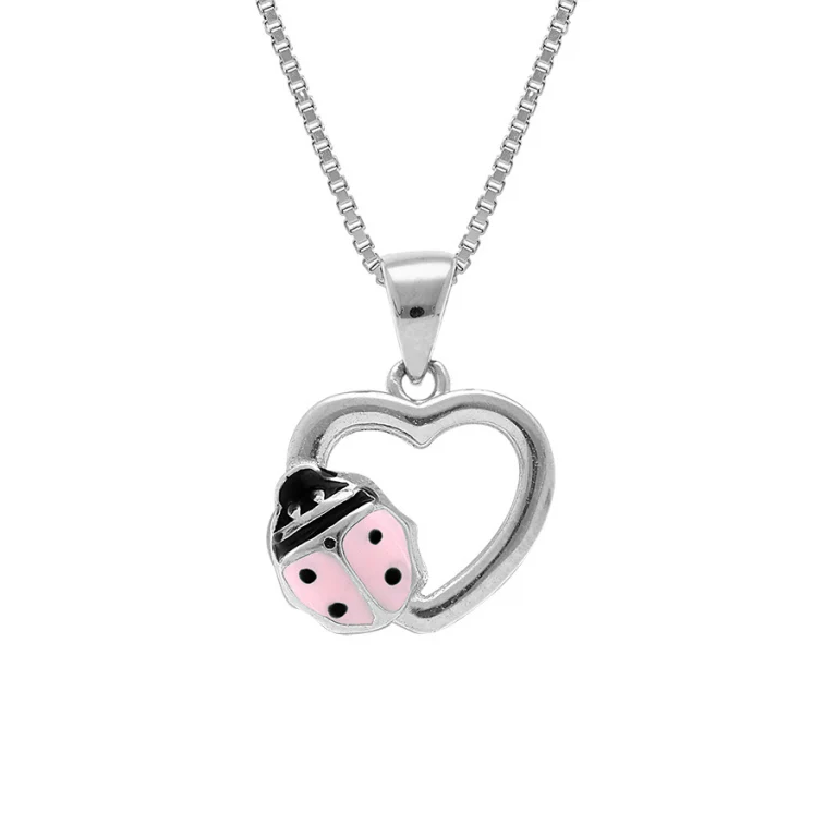 Collier enfant cœur coccinelle résine rose 38 cm – Argent 925 rhodié | Azuline