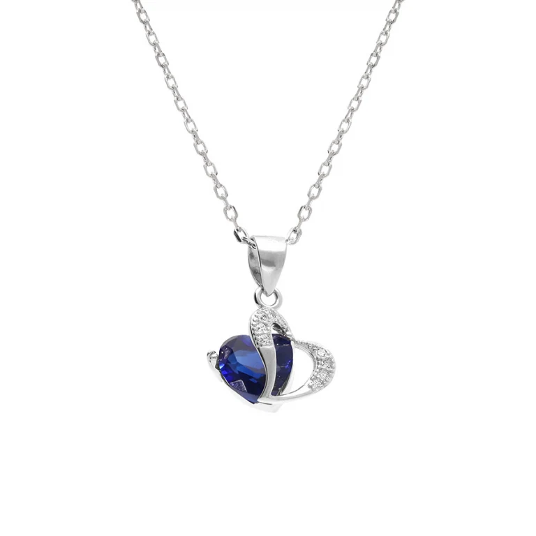 Collier double cœur oxydes bleu et blancs – Argent 925 rhodié | Azuline