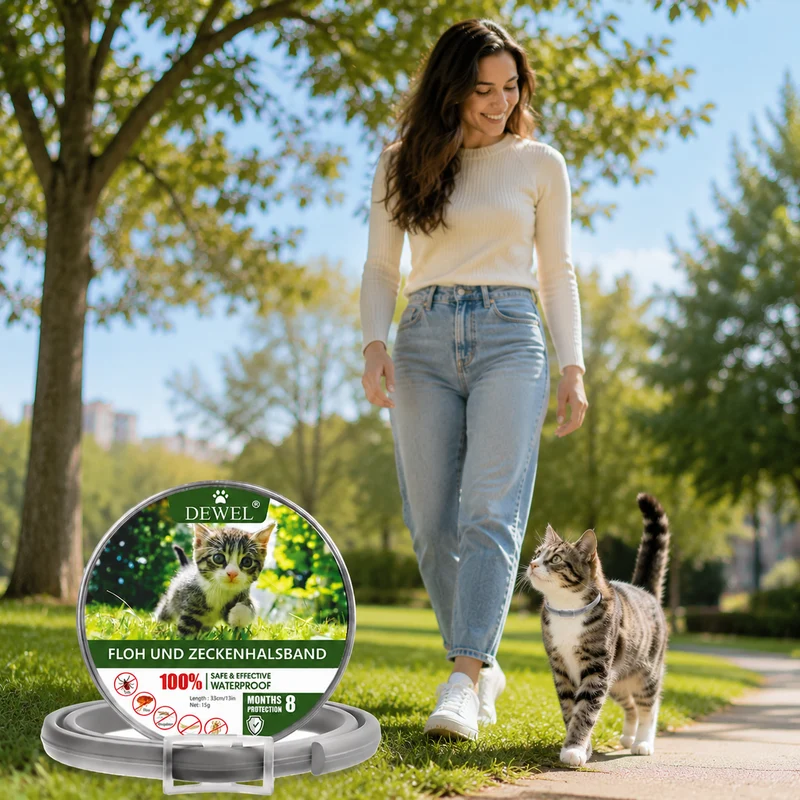DEWEL-Basis Floh- & Zeckenhalsband für Katzen & kleine Hunde – Verstellbar 34,5 cm, Ideal für tägliche Stadtspaziergänge – 8 Monate Schutz