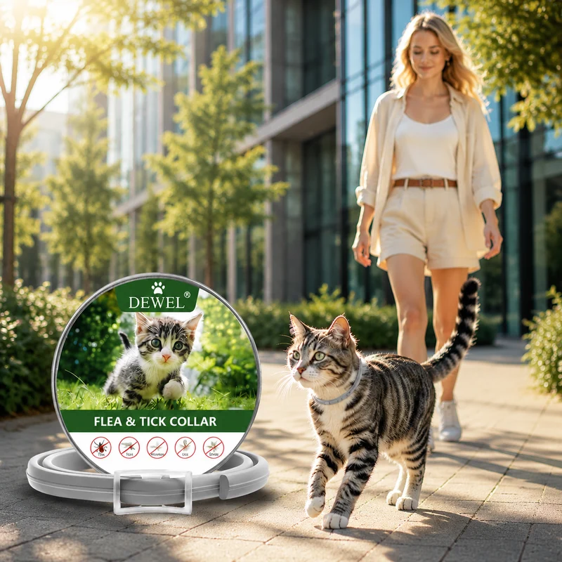 DEWEL-Daily Flea & Tick Collar Gray-Adjustable 34.5cm for Cats&Small Dogs, City Strolls – 8-Month Protection