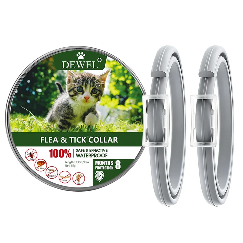 DEWEL-Daily Flea & Tick Collar Gray-Adjustable 34.5cm for Cats&Small Dogs, City Strolls – 8-Month Protection