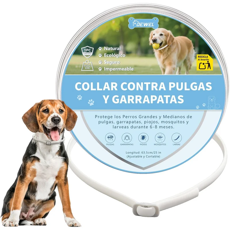 DEWEL-Daily Flea & Tick Collar White-Adjustable 63.5cm for Medium & Large Dogs, City Strolls – 8-Month Protection