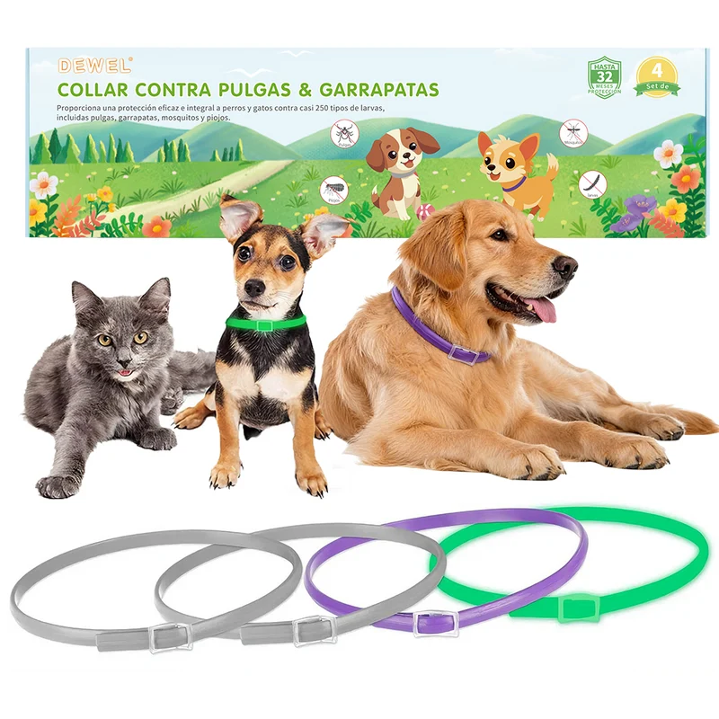 DEWEL-Multi-Style Flea & Tick Collar Set–Adjustable 34.5cm for Cats&Small Dogs, Daily, Camping & Night Safety-8-Month Protection (3/4 Pack)