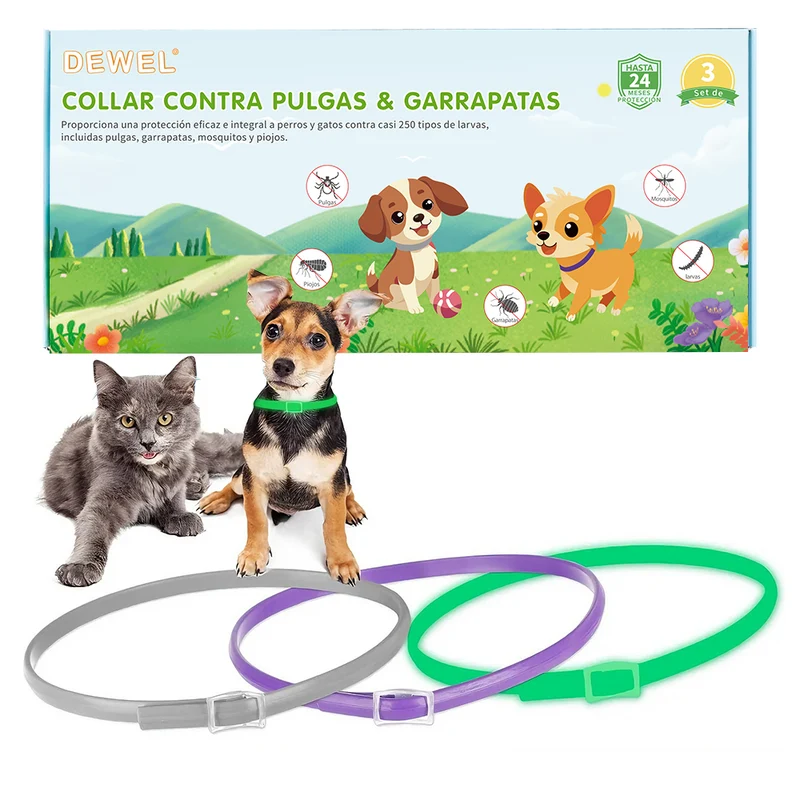 DEWEL-Multi-Style Flea & Tick Collar Set–Adjustable 34.5cm for Cats&Small Dogs, Daily, Camping & Night Safety-8-Month Protection (3/4 Pack)