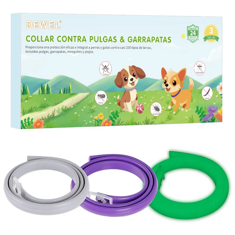 DEWEL-Multi-Style Flea & Tick Collar Set–Adjustable 63.5cm for Medium & Large Dogs, Daily, Camping & Night Safety-8-Month Protection (3/4 Pack)
