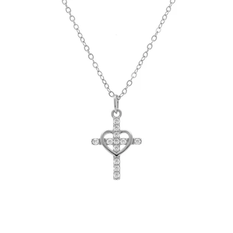 Collier croix cœur oxydes blancs – Argent 925 rhodié | Azuline