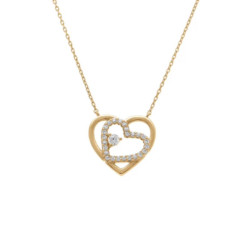 Collier double cœur à contour lisse et contour serti – Argent 925 doré | Azuline