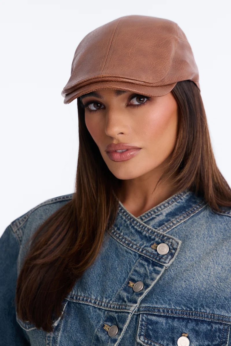 Ivy Lane Faux Leather Cabbie Hat - Brown