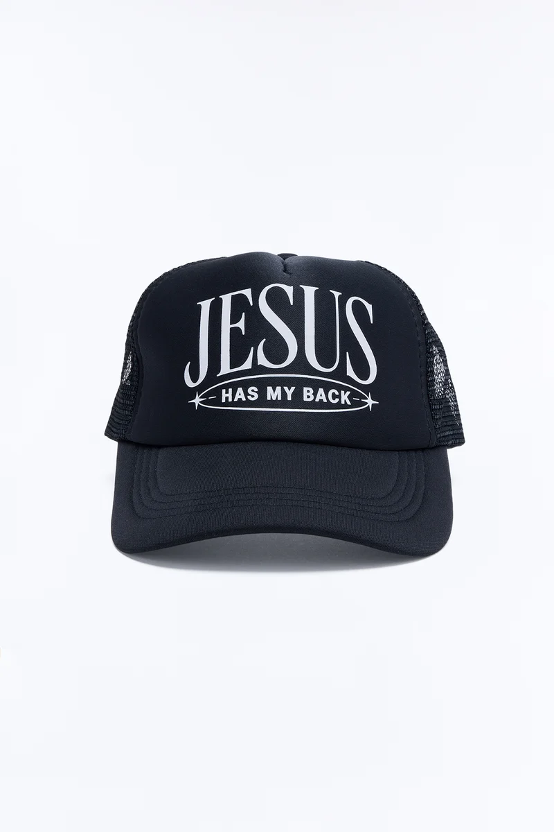 Jesus Has My Back Trucker Hat - Black