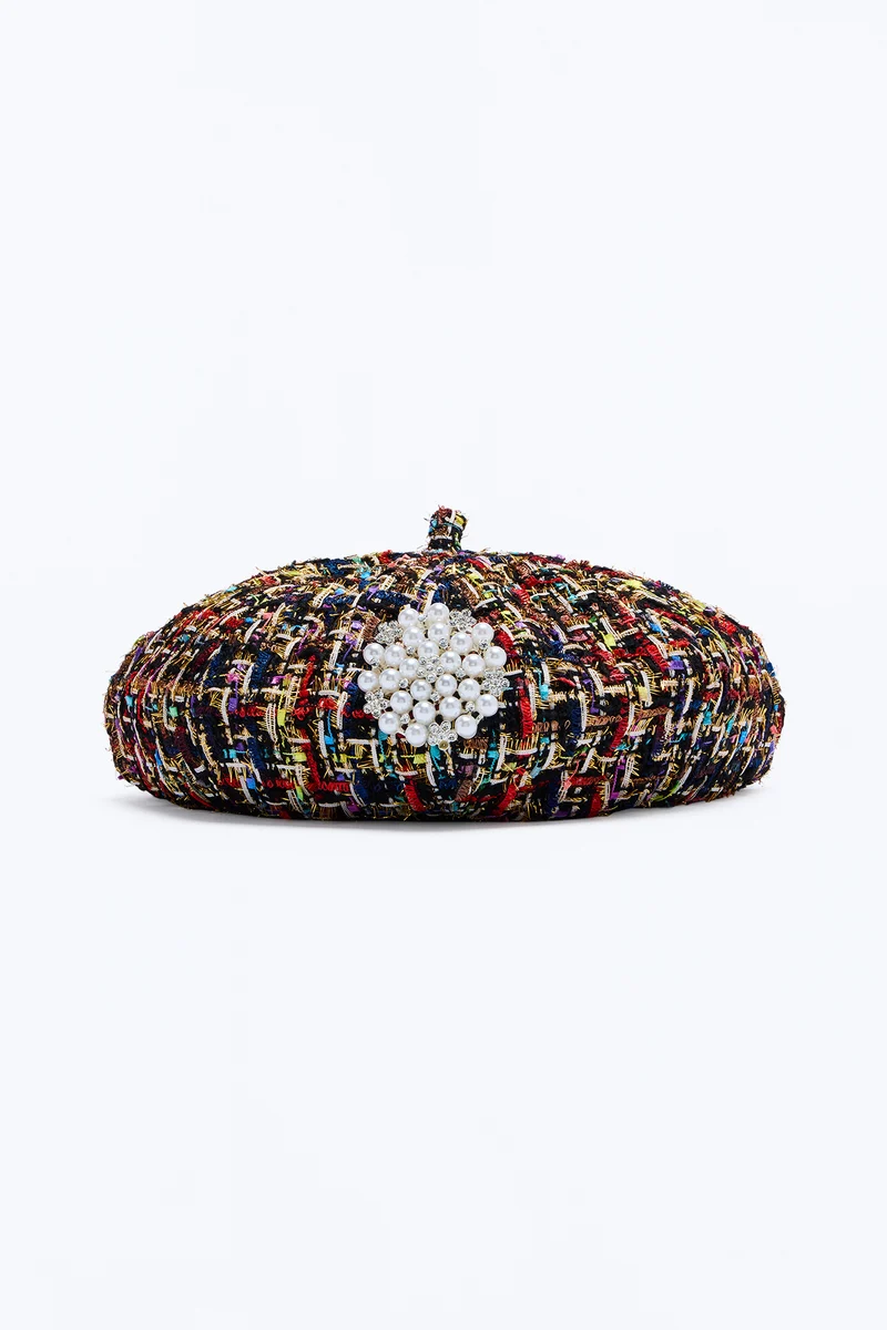 Camille Tweed Beret Hat - Black/combo