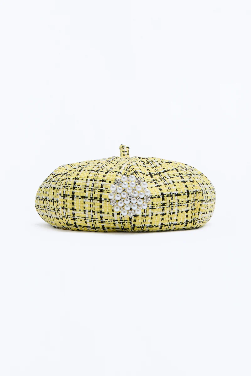 Camille Tweed Beret Hat - Yellow/combo