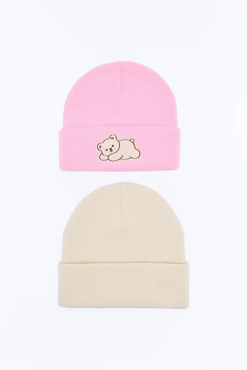 Bear Hugs 2 Piece Beanie Set - Pink/combo