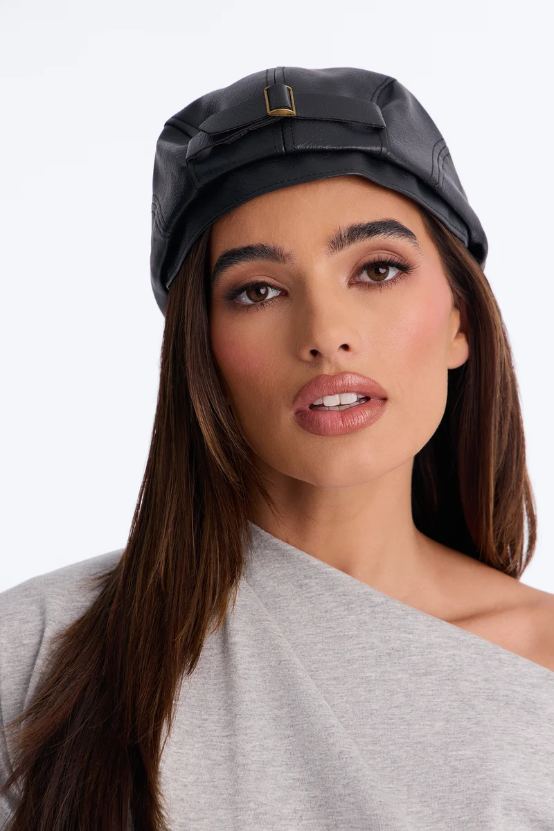 Ivy Lane Faux Leather Cabbie Hat - Black