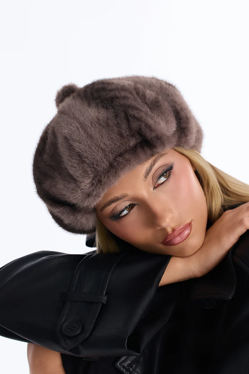 Clyde Faux Fur Beret - Grey/combo