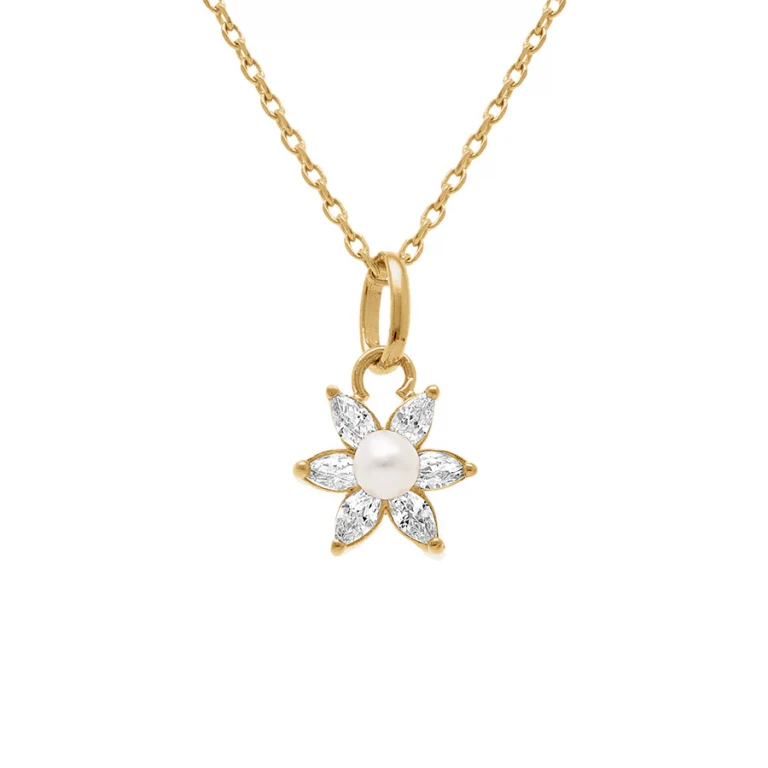 Collier fleur oxydes blancs et perle d’eau douce – Plaqué or | Azuline