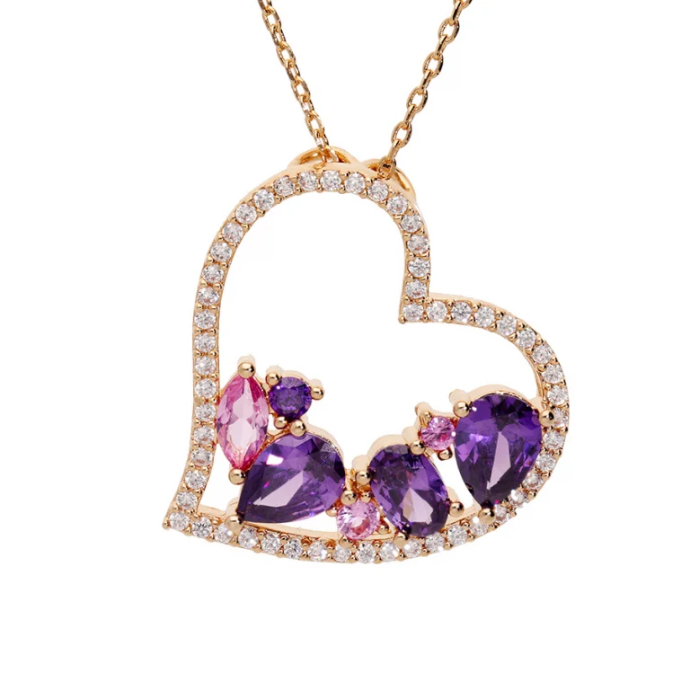 Collier cœur oxydes violets et roses – Plaqué or | Azuline